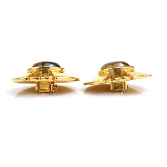 CHANEL CC Logo Clip on Earrings Gold/Brown Metal/Stone - - Picture 9 of 14